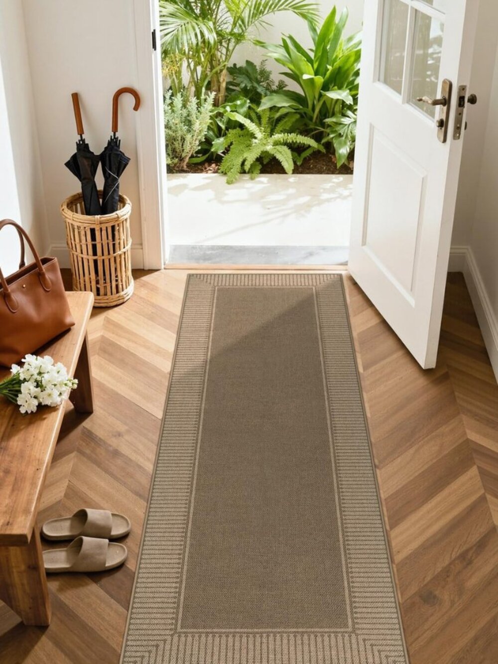 Easy Jute 2'6"x8' Runner Rug, Brown Indoor Outdoor Striped Runner